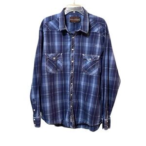Rock & Roll Cowboy Blue Plaid Shirt Snap Button Cotton Long Sleeve Size XXL